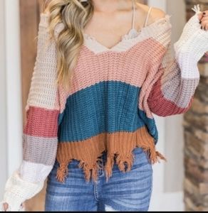 NWT Pink Lily Distressed Striped Sweater S…